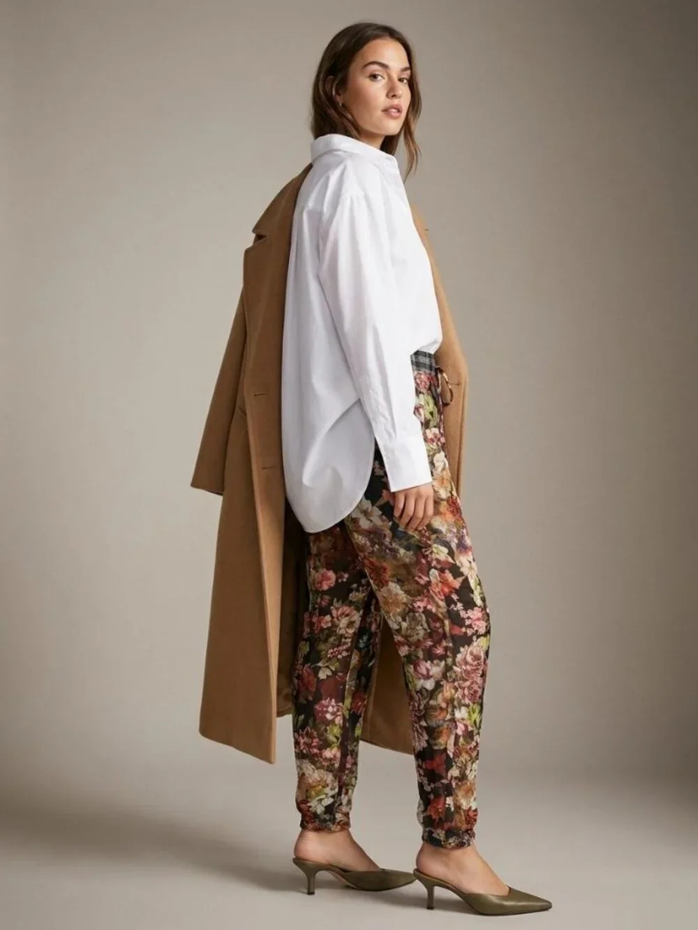 Mango Floral Linen-Style Translucent Tapered Trousers with Plaid Waistband Small